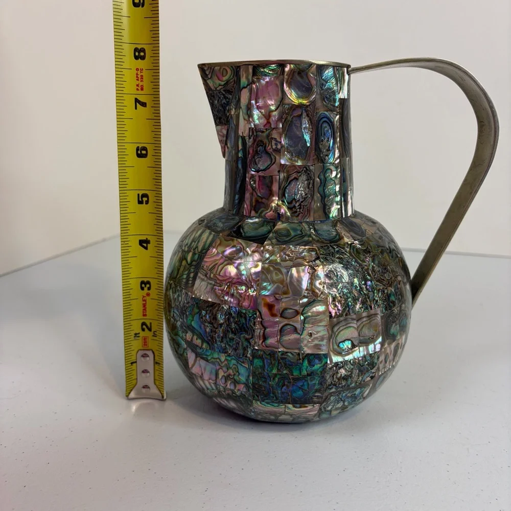 Vintage Abalone Shell Mosaic Pitcher Brass Mother of Pearl Jug Vase Decor 1960s - Picture 8 of 9
